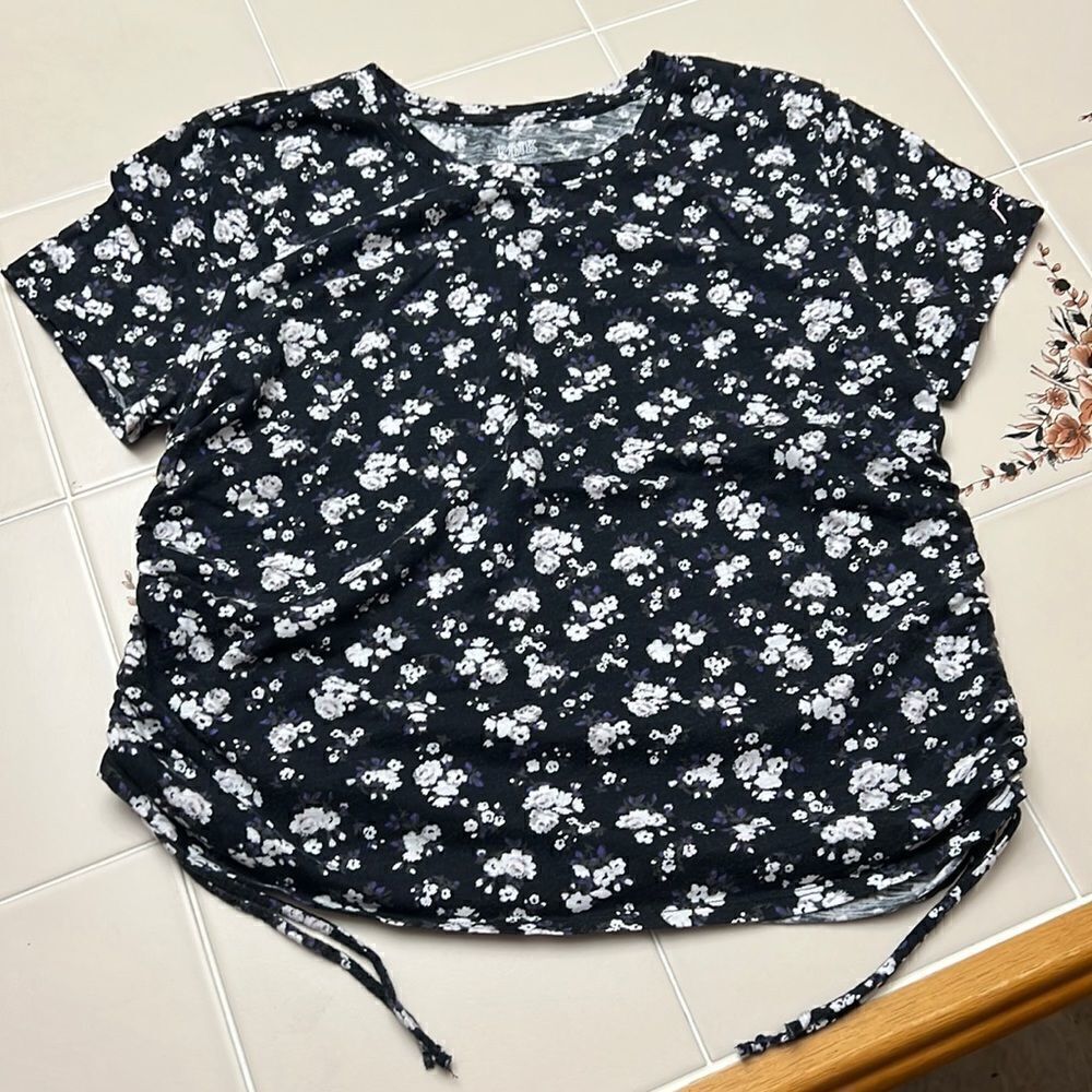 PINK Victoria’s Secret Floral Print Ruched Drawstring Tee Size Large